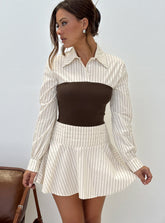 Minivestido Belva estilo camisa corsé de manga larga a rayas marrones