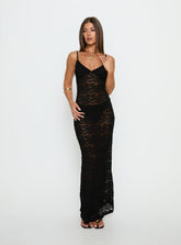 Vestido maxi de encaje con cuello de pico, color negro, de Blackpool