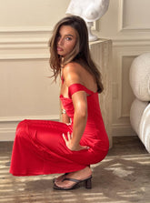 Azura Vestido Largo Escote Bardot Rojo