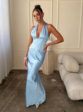 Vestido largo estilo corsé In A Trance con cuello halter azul