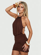Minivestido halter con abalorios Adriene marrón