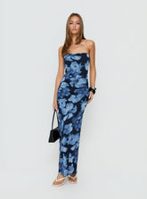Vestido largo Lanora sin tirantes con estampado floral azul