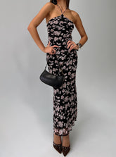Vestido largo Anisa con cuello halter y estampado floral negro