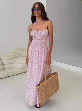 Vestido maxi fruncido Loralei de rayas rojas