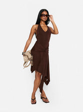 Vestido Midi Asimétrico Halter de Punto con Escote Halter "Moonlit Honey" Chocolate