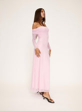 Vestido largo Emorissa de manga larga con hombros descubiertos rosa suave