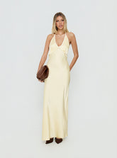 Vestido largo Esmia con cuello halter, limón/blanco