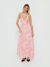 Vestido maxi halter de dientes de león con estampado floral rosa
