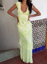 Vestido largo "Been Away" con volantes, verde multicolor