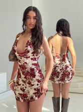 Minivestido halter con cuello vuelto Salome rojo estampado