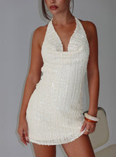 Minivestido halter de lentejuelas color crema Kaimeila