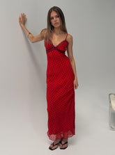 Vestido largo Adasia de encaje con cuello de pico y lunares rojos