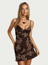 Minivestido Abigaia con cuello de pico y estampado Paisley marrón