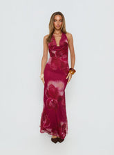 Vestido largo Adeya de cuello halter con estampado floral en color borgoña
