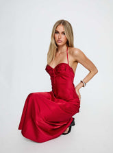 Vestido maxi de satén Costella Halter rojo