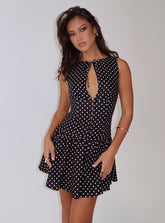 Minivestido Alissea con ojo de cerradura, mezcla de lino, lunares negros