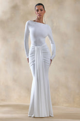 Liatris | White Wide-Neck Maxi-Dress With Gathered-Detailing