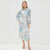 Zimmermann Women's Summer Blue Agate Print Single-Breasted Waist-cinched Long-sleeved Silk Dress #77179