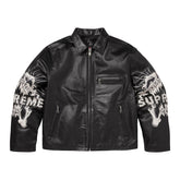 Supreme x Y's by Yohji Yamamoto Men's and Women's FW25 WEEK3 Leather Fitted Casual Jacket With Printed Sleeves And Zip Closure #332325
