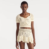 Dior Women's Summer Off-white Cotton Crochet Effect Knitted Butterfly Pattern Short Top And Casual Skirt Set Suit #77484