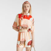 Fendi Women's Summer Geometric Pattern Printed Drawstring Hem Short Sleeved Silk Single Button Top And Casual Shorts Set Suit #77335