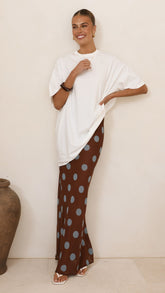 Yumi Oversized Tee and Sheer Skirt Set - White/Brown/Blue Polka