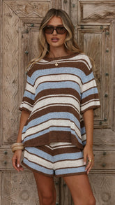 Makai Knitted T-Shirt and Shorts Set - Blue/Chocolate Stripe