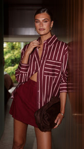 Nina Button Up Shirt - Merlot Stripe