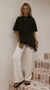 Mirandah Satin Panel T-Shirt - Black