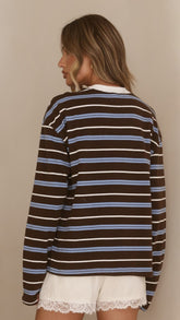 Raya Long Sleeve Top - Blue/Brown Stripe