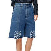 Loewe Women's Summer Blue Logo Label Straight Button Down Denim Shorts #76583
