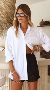 Charla Button Up Poplin Top - White