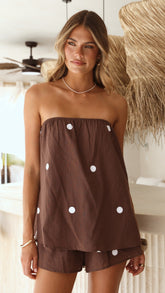 Calliope Strapless Top and Shorts Set - Brown/White Polka
