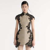 Dior Short Flared Dress Beige Horsehair-Effect Linen Blend and Black Lace #333525