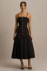 Briella | Black Bandeau Midi Dress With Gold-Button Detailing