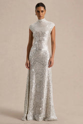 Cecy | Silver Sequin High-Neck Maxi Dress With Cap Sleeves