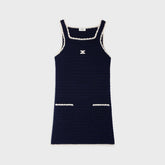 Celine Women's Summer Fashion Casual Solid Color Square Neckline Patch Pocket Sleeveless Logo Handmade Crochet Mini Dress #79292