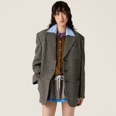 MiuMiu Women's Fashion Casual V-Neck Single Button Straight Cut Embroidered Logo Wool Blazer Jacket #79167