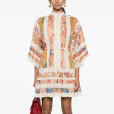 Zimmermann Women's Summer Floral Pattern Printed Lace Trim Linen Fabric Single Breasted Short Sleeved Short Dress #77662