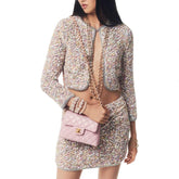 Chanel Women's Spring/Autumn Round Neck Rhinestone Trim Color Block Long Sleeve Cardigan Jacket Casual Tweed Stretch Skirt Ngvp #2274