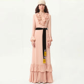 Valentino Women's Spring And Autumn Tassel Belt V-Neck Pleated Side Long Silk Solid Color Dresses Ngvp #1252