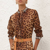 Zimmermann Women's Spring And Autumn Leopard Printed Studded Diamonds Round Collar Solid Color Linen Silk Long Sleeve Shirt Ngvp #9964