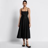 Dior Women's Spring/Summer Two-Tone Pearl Belt Flared High Street Solid Color Square Neck Mid-Length Halter Dresses Ngvp #2157