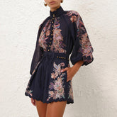 Zimmermann Women's Rhiannon Billow Blouse Summer Collar Printed Button Ramie Long Sleeve Loose Shirt Tie Casual Linen Tuck Shorts #81184