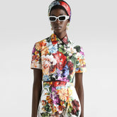 Dolce&Gabbana Women's Flower Bouquet-Print Poplin Shirt Summer Single-Breasted Collared Short-Sleeve Top Ngvp #2377