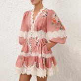 Zimmermann Women's Summer Solid Color Floral Pattern Printed Lace Trim V-neck Single Breasted Short Sleeved Short Dress #77661