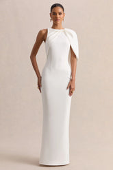 Quira | White Asymmetric-Neck Maxi Dress With Cape-Sleeve