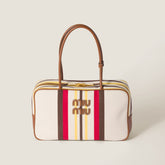MiuMiu Beau Women's Embroidered Logo Print Striped Canvas And Calfskin Handbag Shoulder Bag Bags #77933