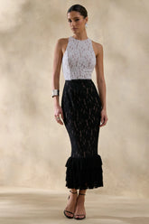 Vionna | Black And White Lace High-Neck Midi Dress With Bow-Belt Detail