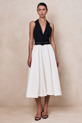 Alessa | Black & White Plunge-Neck Tailored Midi Dress